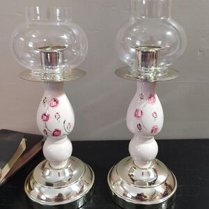 Home Interiors Set 2 Floral Glass Candle Holders